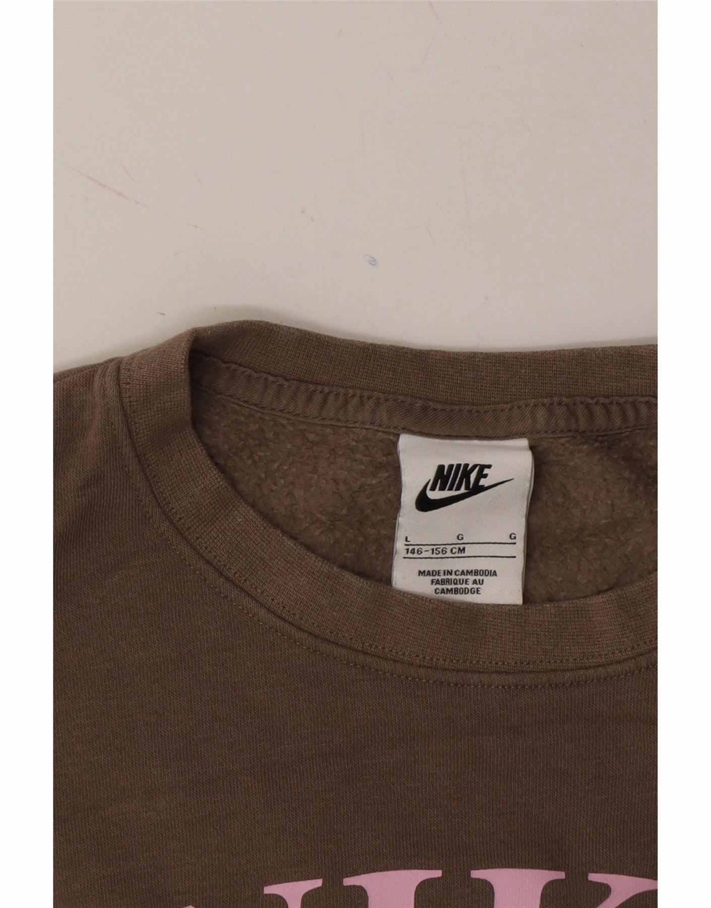 NIKE Girls Graphic Oversized Sweatshirt Jumper 12-13 Years Large Brown